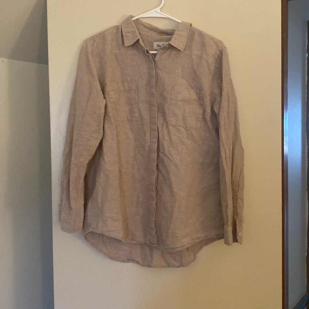 Per Se beige linen cotton coastal button up shirt